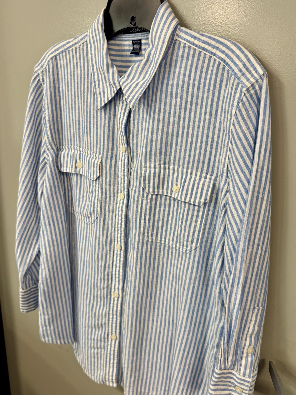 Women’s Chaps Blue and White Striped Cotton Button-Down Shirt-XL (runs small)